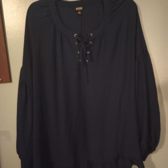 A.n.a ruffle trim sheer navy blouse - Picture 2 of 7